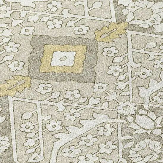 8' Ivory Beige And Gold Round Floral Washable Indoor Outdoor Area Rug Photo 5