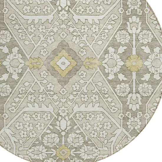 8' Ivory Beige And Gold Round Floral Washable Indoor Outdoor Area Rug Photo 4