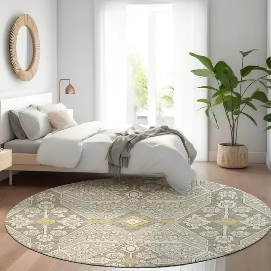 8' Ivory Beige And Gold Round Floral Washable Indoor Outdoor Area Rug Photo 8