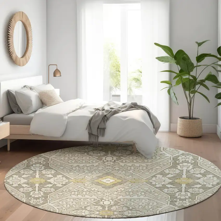 8' Ivory Beige And Gold Round Floral Washable Indoor Outdoor Area Rug Photo 8