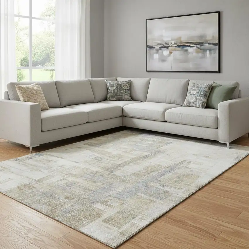 8' Ivory Beige And Gray Abstract Washable Area Rug With UV Protection Photo 2