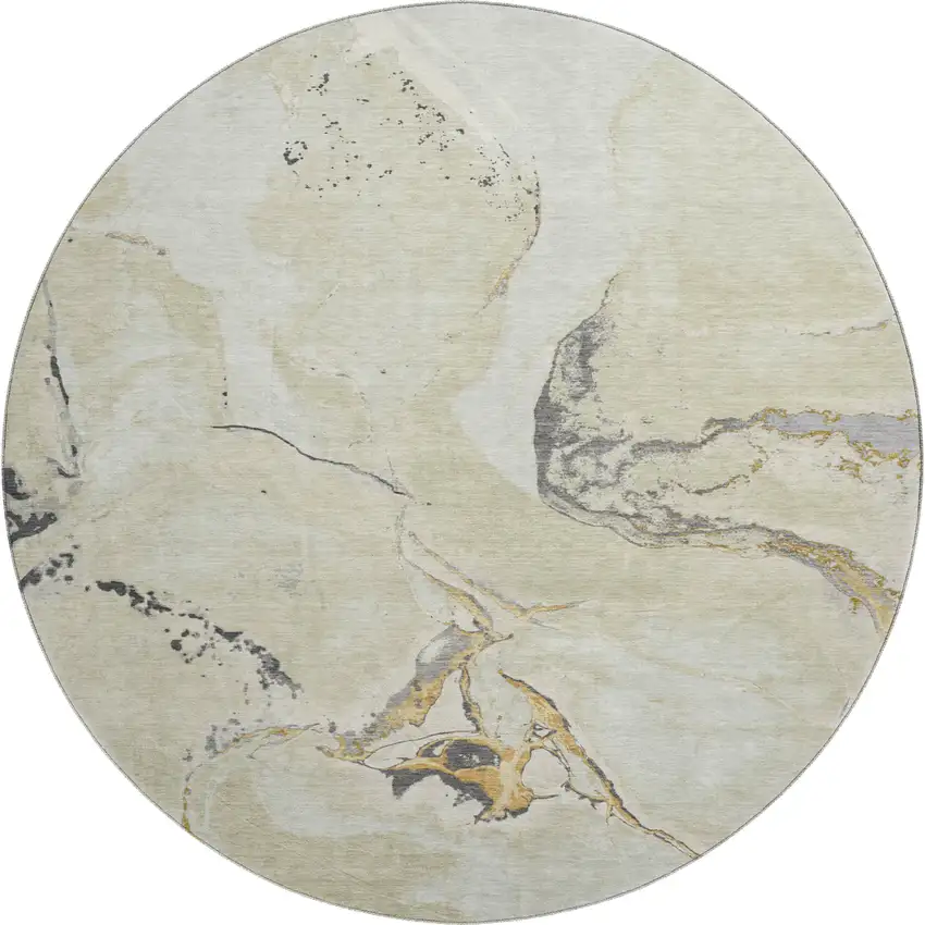 8' Ivory Beige And Gray Abstract Washable Round Rug With UV Protection Photo 1
