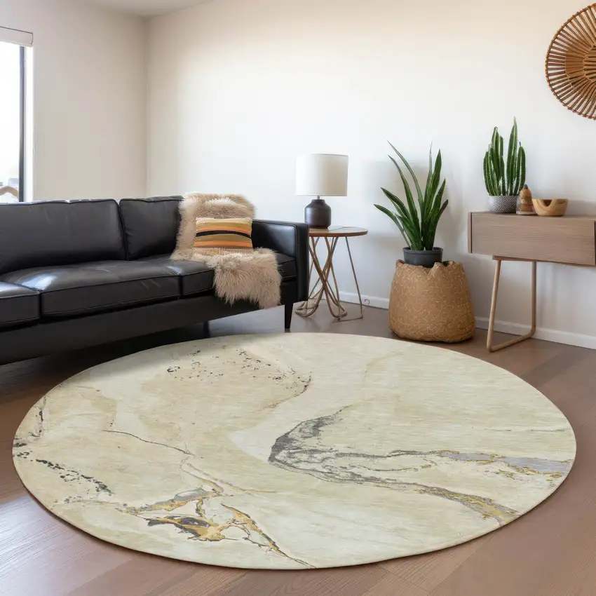 8' Ivory Beige And Gray Abstract Washable Round Rug With UV Protection Photo 4