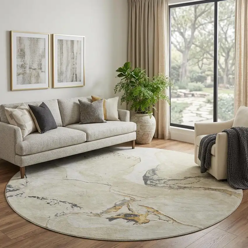 8' Ivory Beige And Gray Abstract Washable Round Rug With UV Protection Photo 1