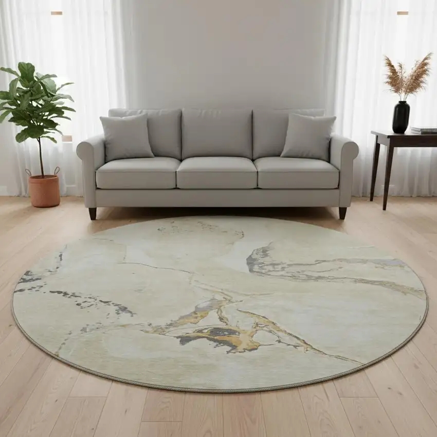8' Ivory Beige And Gray Abstract Washable Round Rug With UV Protection Photo 2