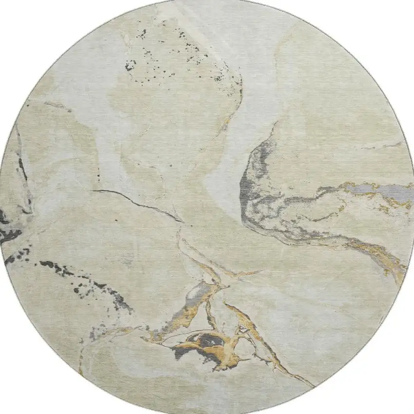 8' Ivory Beige And Gray Abstract Washable Round Rug With UV Protection Photo 3