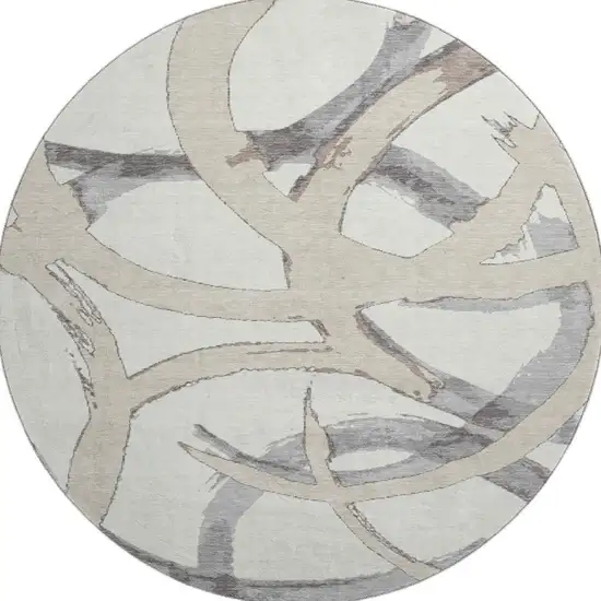 8' Ivory Beige And Gray Abstract Washable Round Rug With UV Protection Photo 3