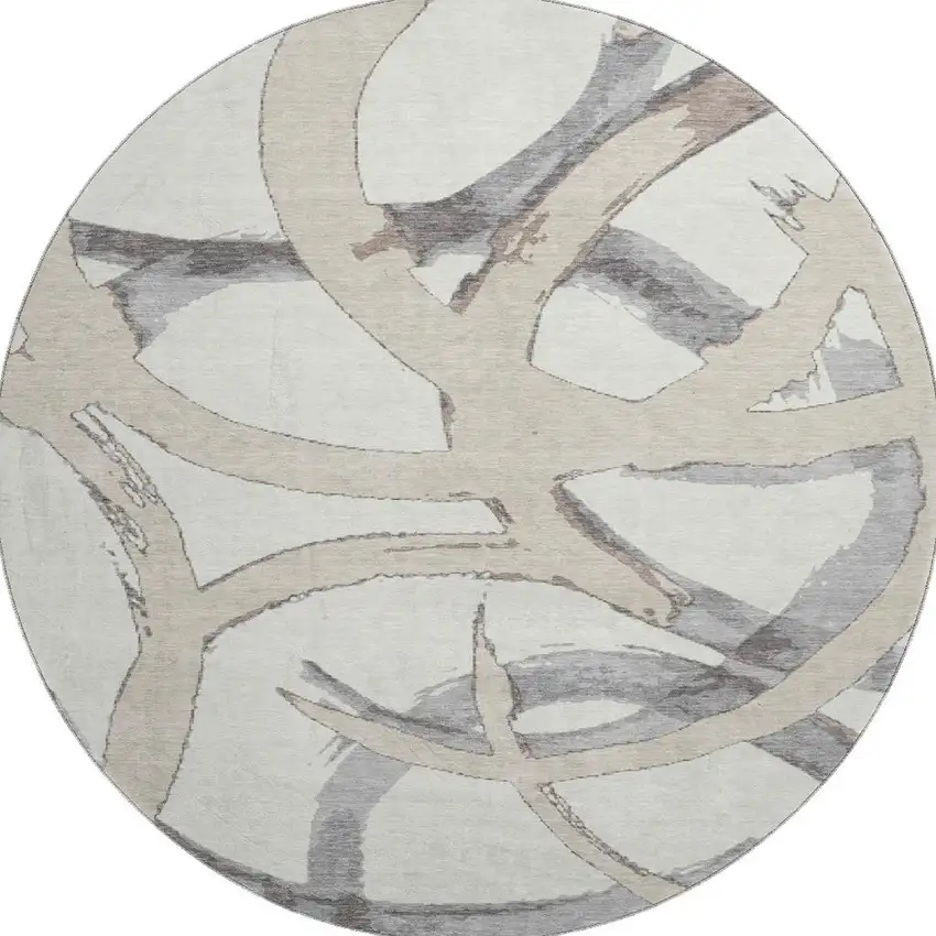 8' Ivory Beige And Gray Abstract Washable Round Rug With UV Protection Photo 3