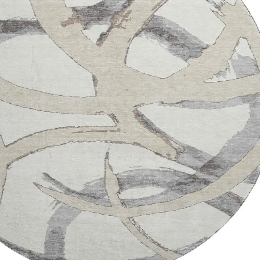 8' Ivory Beige And Gray Abstract Washable Round Rug With UV Protection Photo 2
