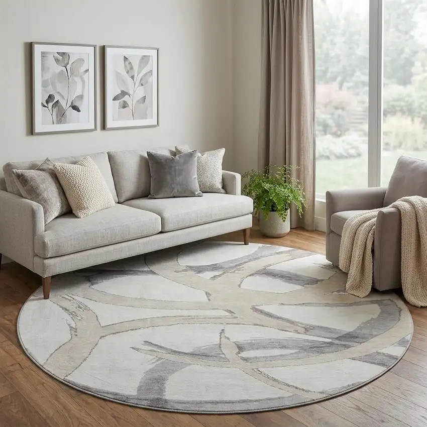 8' Ivory Beige And Gray Abstract Washable Round Rug With UV Protection Photo 1