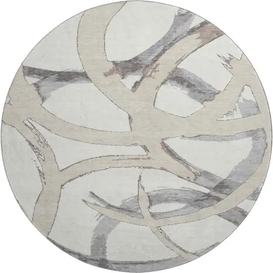 8' Ivory Beige And Gray Abstract Washable Round Rug With UV Protection Photo 1