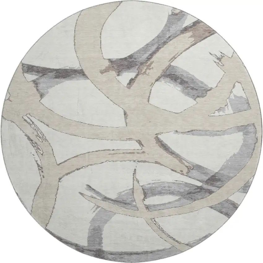 8' Ivory Beige And Gray Abstract Washable Round Rug With UV Protection Photo 1