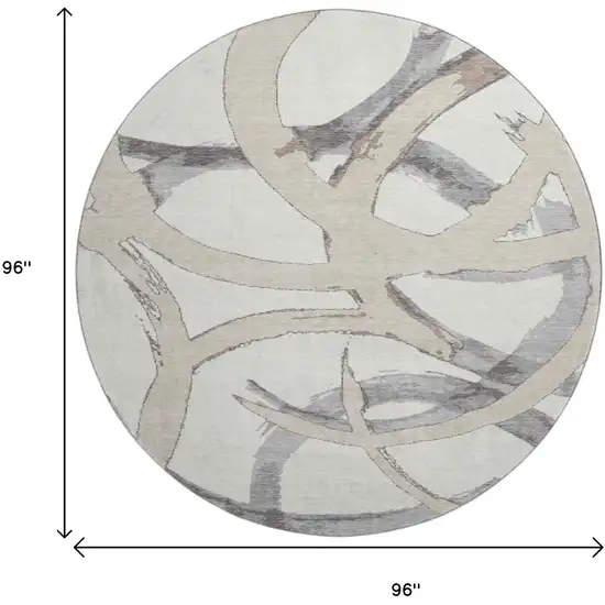 8' Ivory Beige And Gray Abstract Washable Round Rug With UV Protection Photo 9