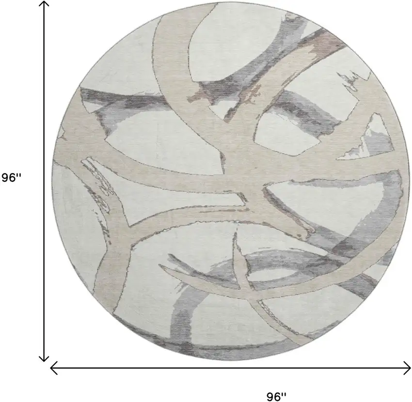 8' Ivory Beige And Gray Abstract Washable Round Rug With UV Protection Photo 9