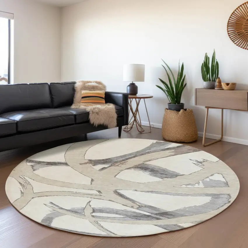 8' Ivory Beige And Gray Abstract Washable Round Rug With UV Protection Photo 4