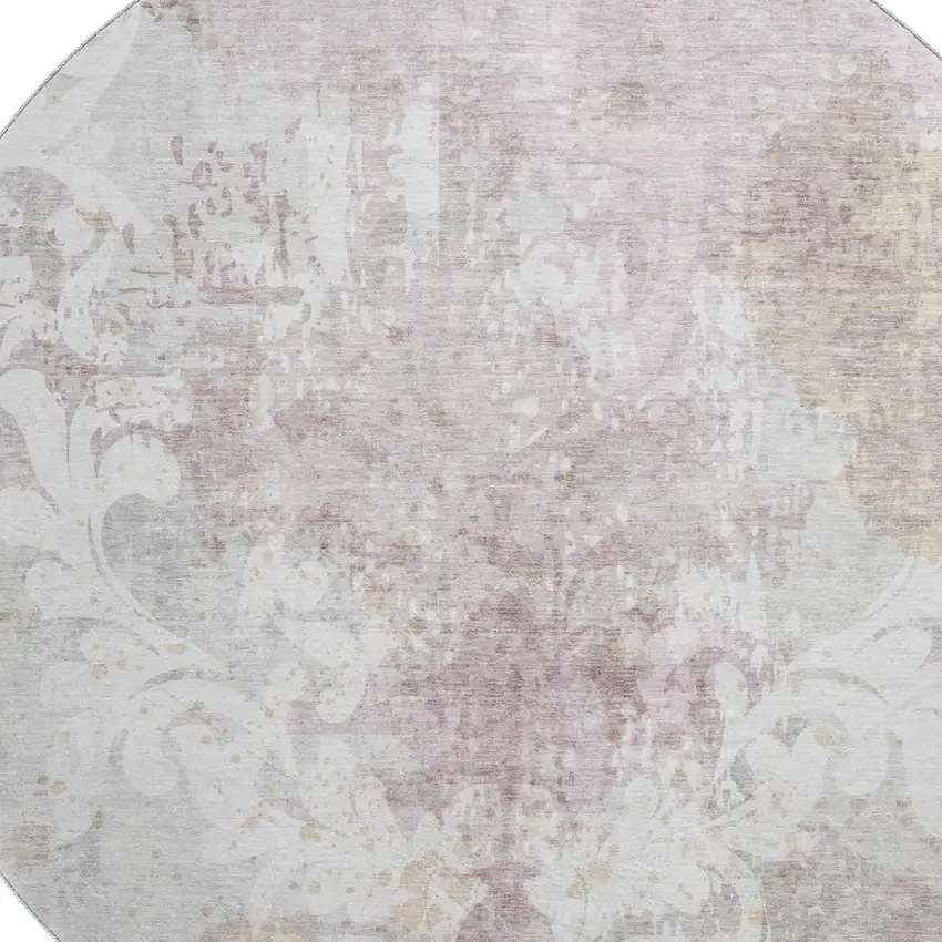 8' Ivory Beige And Gray Damask Washable Round Rug With UV Protection Photo 2