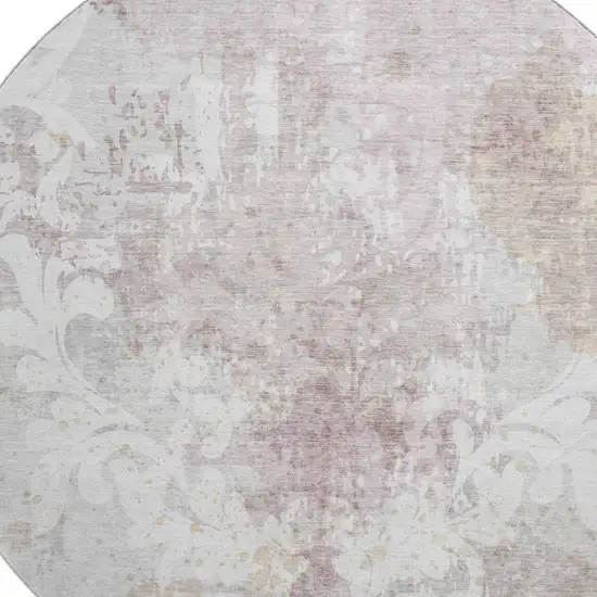 8' Ivory Beige And Gray Damask Washable Round Rug With UV Protection Photo 2