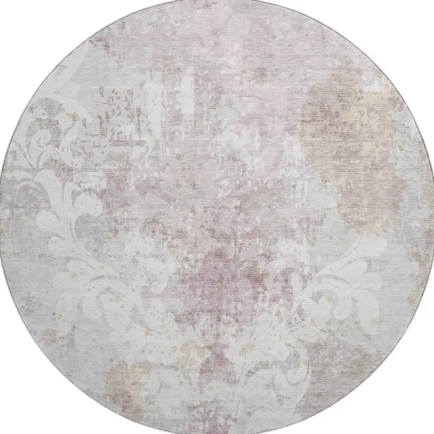 8' Ivory Beige And Gray Damask Washable Round Rug With UV Protection Photo 3