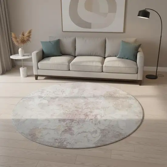 8' Ivory Beige And Gray Damask Washable Round Rug With UV Protection Photo 2