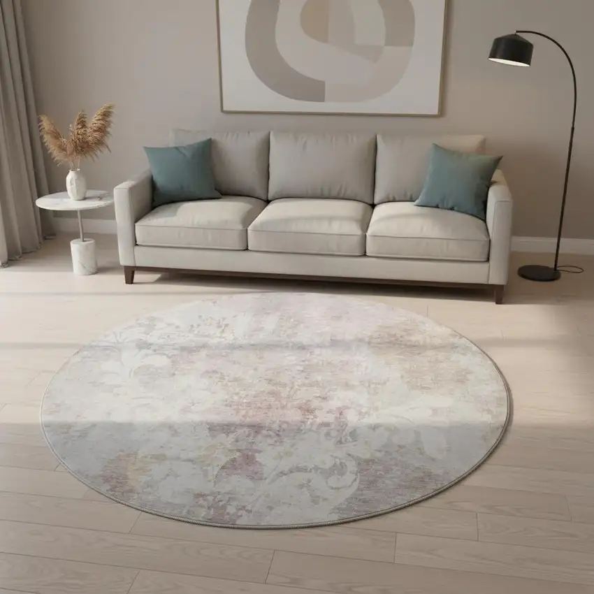 8' Ivory Beige And Gray Damask Washable Round Rug With UV Protection Photo 2