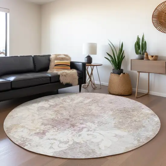 8' Ivory Beige And Gray Damask Washable Round Rug With UV Protection Photo 4