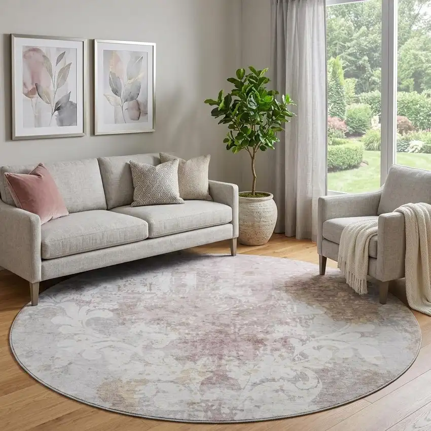 8' Ivory Beige And Gray Damask Washable Round Rug With UV Protection Photo 1