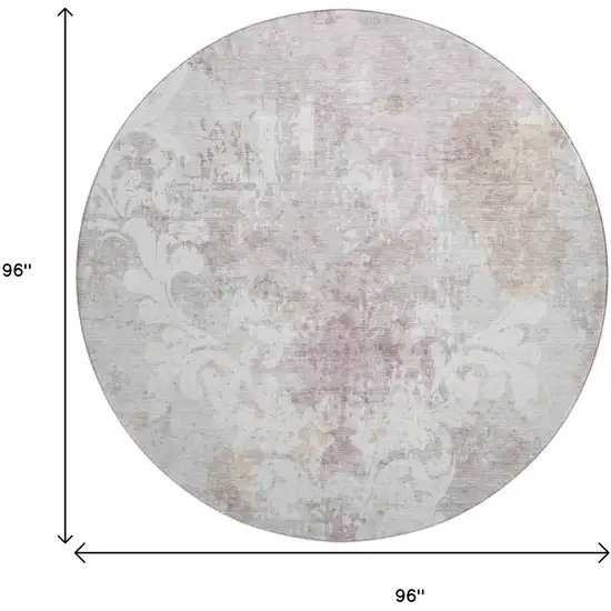 8' Ivory Beige And Gray Damask Washable Round Rug With UV Protection Photo 9