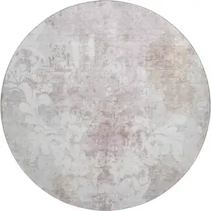 Photo of 8' Ivory Beige And Gray Damask Washable Round Rug With UV Protection
