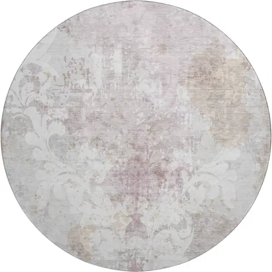 8' Ivory Beige And Gray Damask Washable Round Rug With UV Protection Photo 1