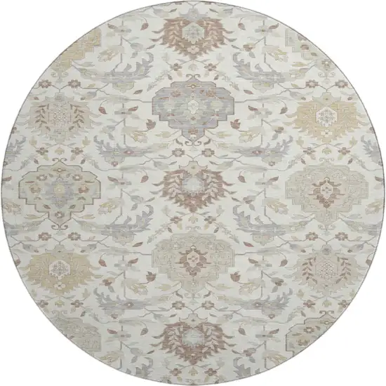 8' Ivory Beige And Gray Damask Washable Round Rug With UV Protection Photo 1