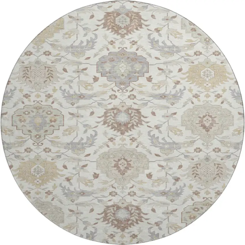 8' Ivory Beige And Gray Damask Washable Round Rug With UV Protection Photo 1