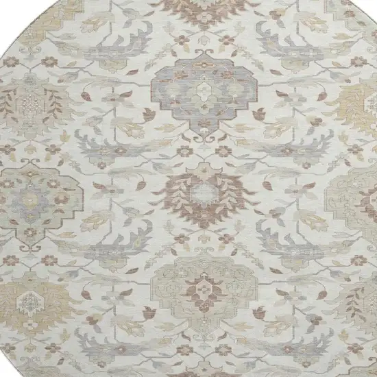 8' Ivory Beige And Gray Damask Washable Round Rug With UV Protection Photo 2
