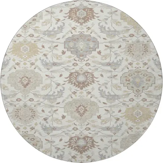 8' Ivory Beige And Gray Damask Washable Round Rug With UV Protection Photo 3