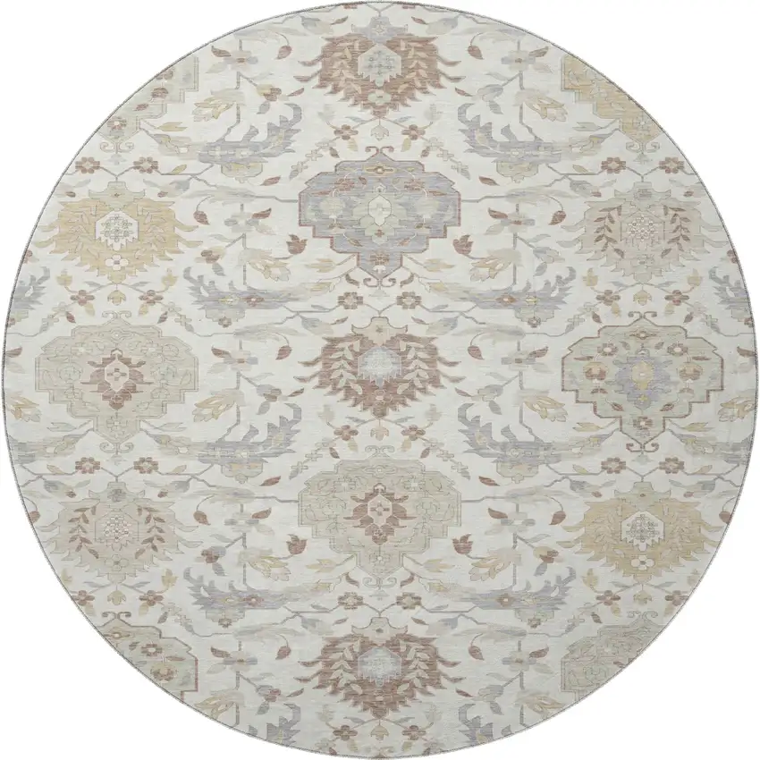 8' Ivory Beige And Gray Damask Washable Round Rug With UV Protection Photo 3