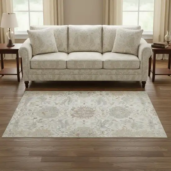 8' Ivory Beige And Gray Damask Washable Round Rug With UV Protection Photo 2