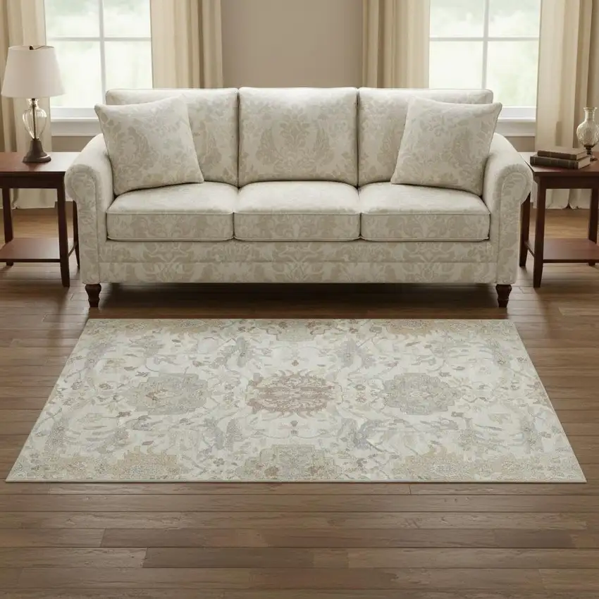 8' Ivory Beige And Gray Damask Washable Round Rug With UV Protection Photo 2