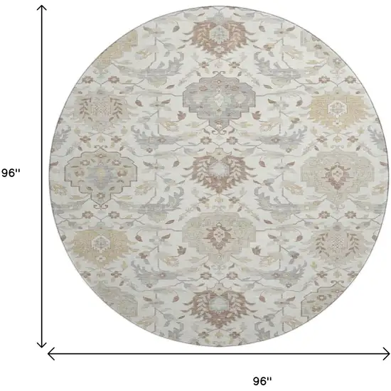 8' Ivory Beige And Gray Damask Washable Round Rug With UV Protection Photo 9