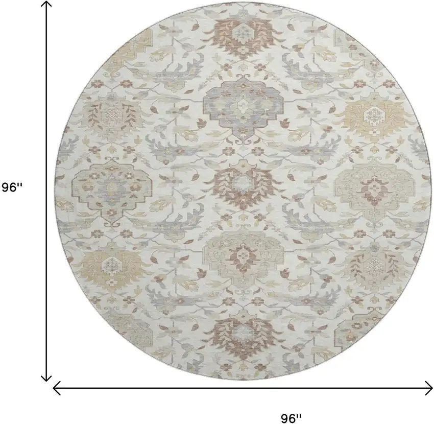 8' Ivory Beige And Gray Damask Washable Round Rug With UV Protection Photo 9