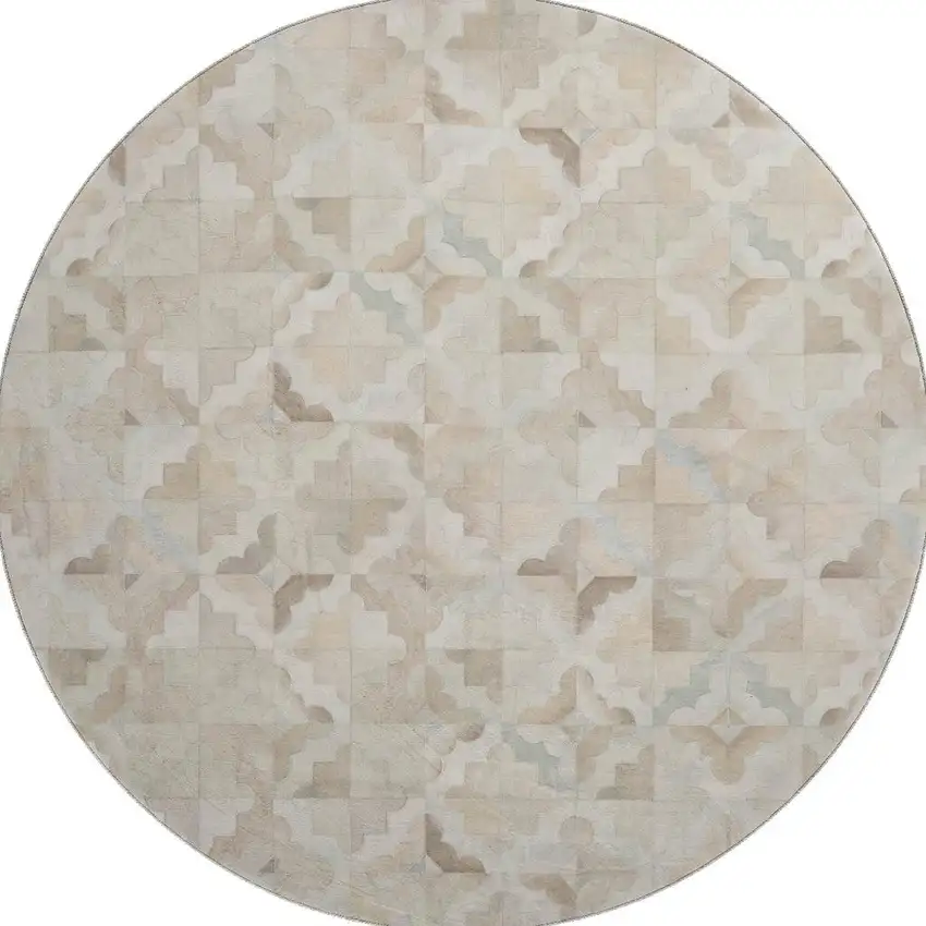8' Ivory Beige And Gray Geometric Washable Round Rug With UV Protection Photo 4