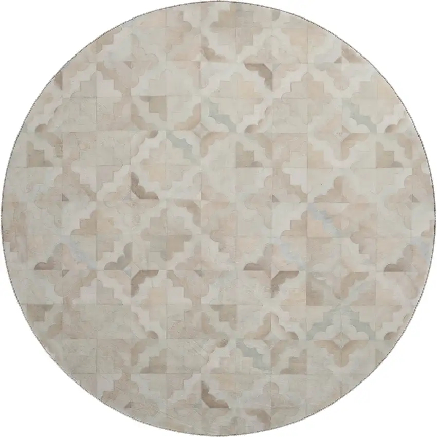 8' Ivory Beige And Gray Geometric Washable Round Rug With UV Protection Photo 2