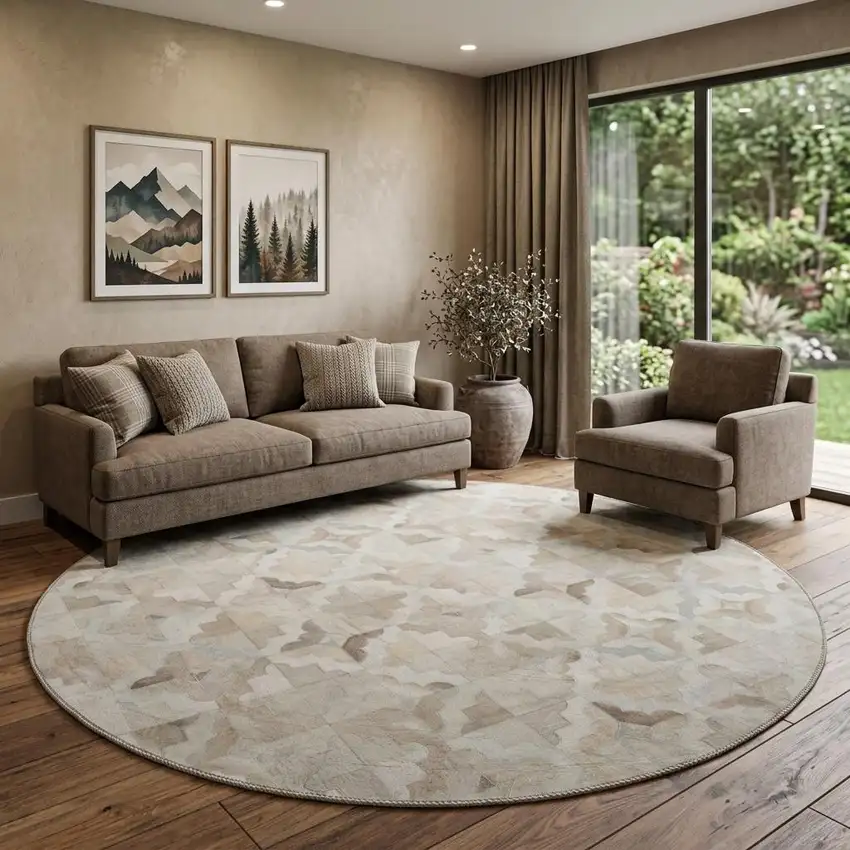 8' Ivory Beige And Gray Geometric Washable Round Rug With UV Protection Photo 1