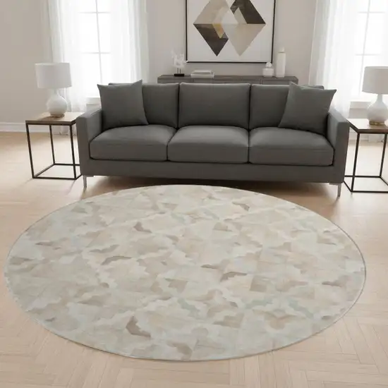 8' Ivory Beige And Gray Geometric Washable Round Rug With UV Protection Photo 1