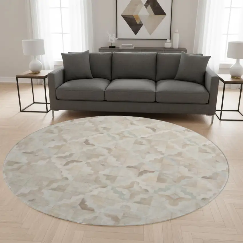 8' Ivory Beige And Gray Geometric Washable Round Rug With UV Protection Photo 1
