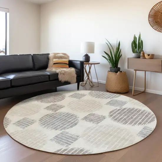 8' Ivory Beige And Gray Geometric Washable Round Rug With UV Protection Photo 5
