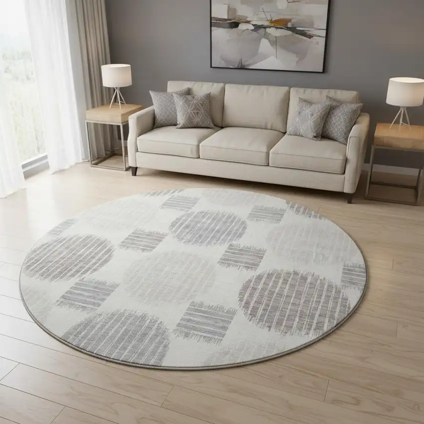 8' Ivory Beige And Gray Geometric Washable Round Rug With UV Protection Photo 2