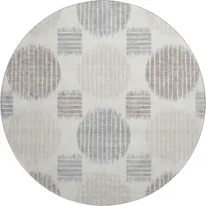 Photo of 8' Ivory Beige And Gray Geometric Washable Round Rug With UV Protection