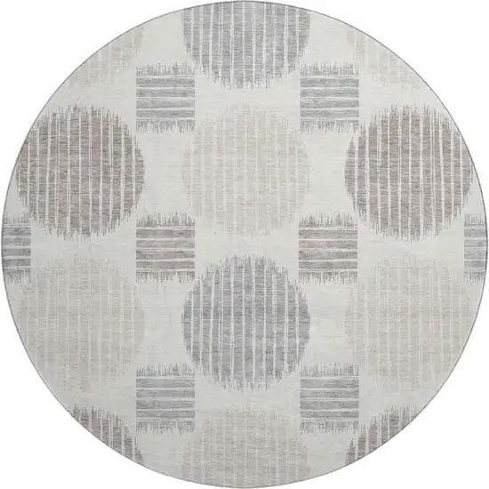 8' Ivory Beige And Gray Geometric Washable Round Rug With UV Protection Photo 1