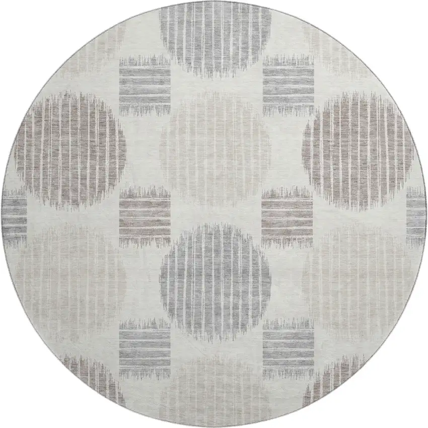 8' Ivory Beige And Gray Geometric Washable Round Rug With UV Protection Photo 1