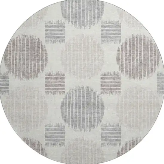 8' Ivory Beige And Gray Geometric Washable Round Rug With UV Protection Photo 4