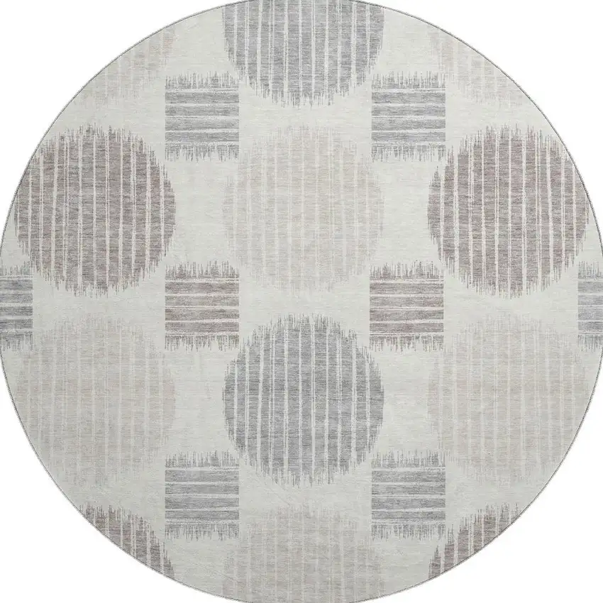 8' Ivory Beige And Gray Geometric Washable Round Rug With UV Protection Photo 4